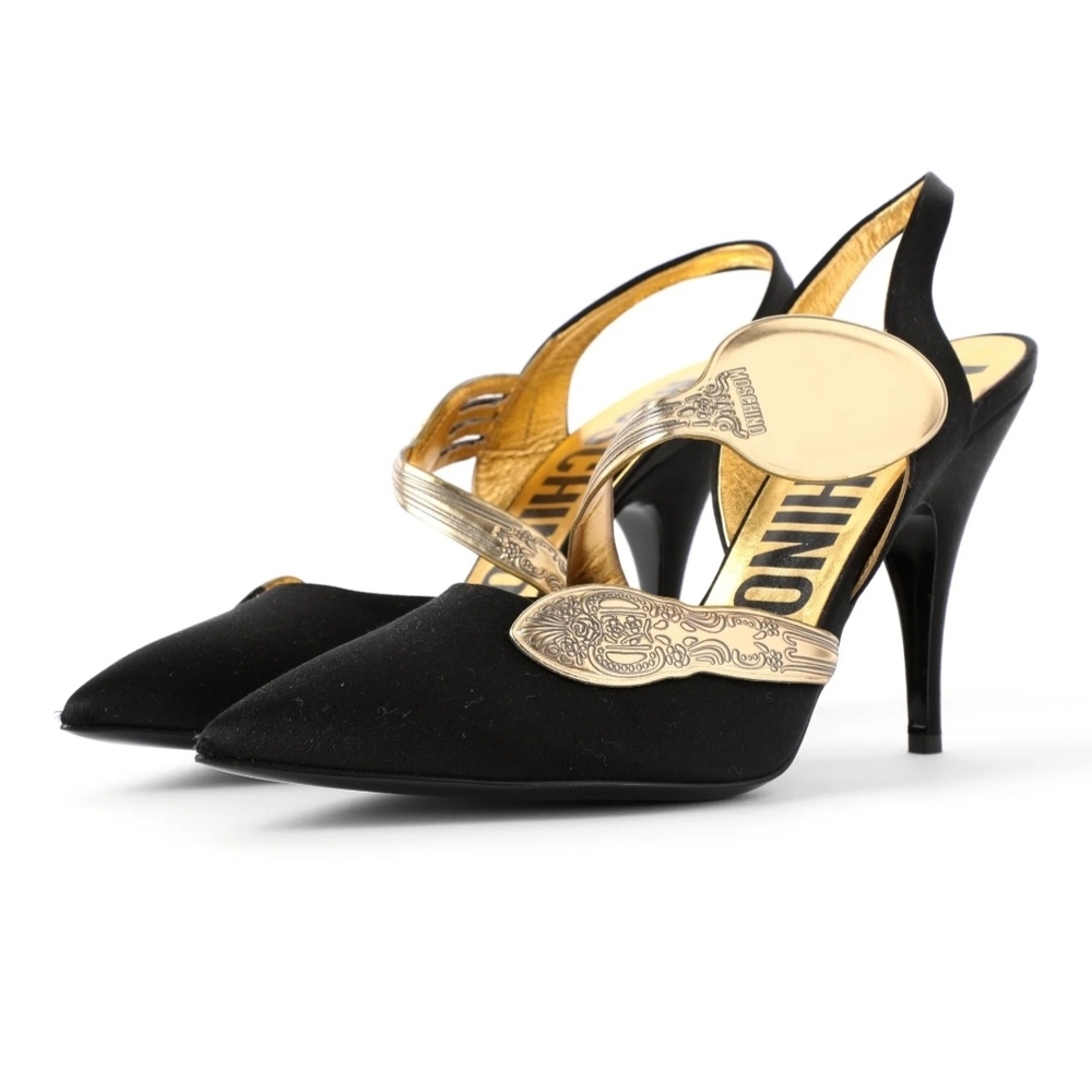 Moschino Couture Spoon & Folk  Black and Gold Women's Cloth Heels 41 IT